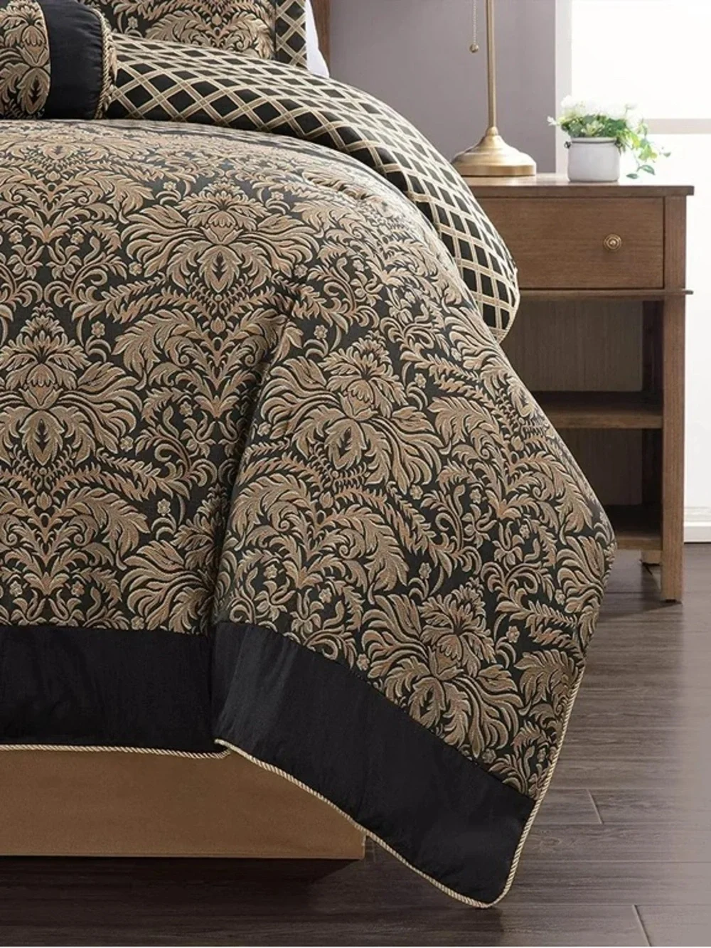 Luxury Black and Tan Damask cal king 3 piece Comforter Set
